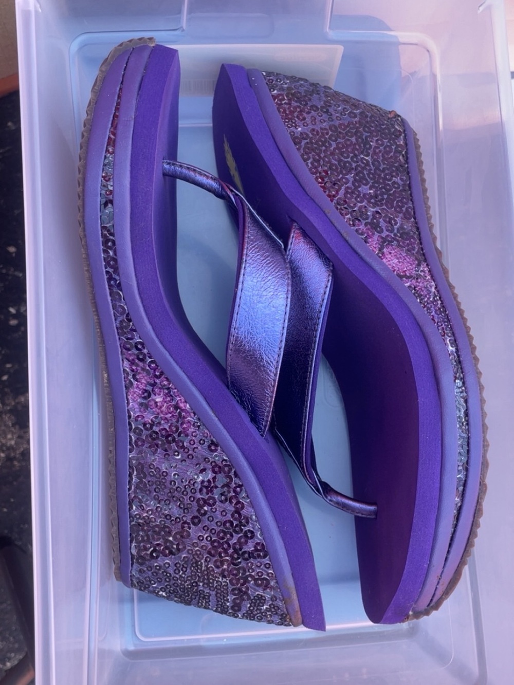 Volatile Purple Sequin Wedge Sandals
